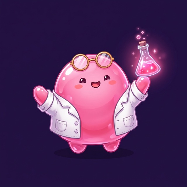 Mascote cientista da guilda — um Poring de jaleco segurando um frasco